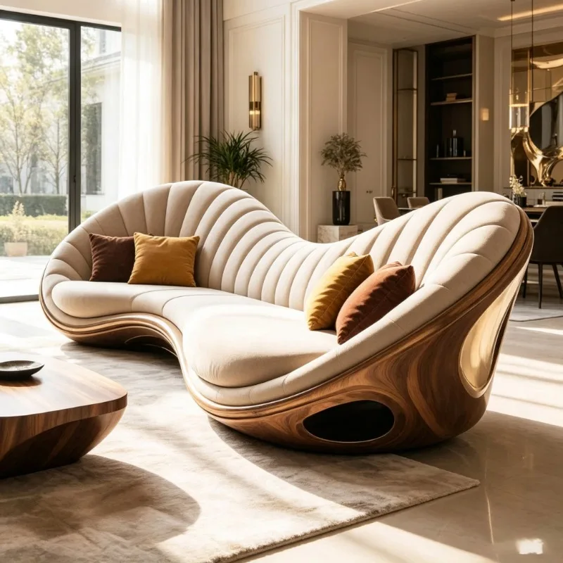 Wood grain fiberglass shell beige vertical tufted curved leisure sofa