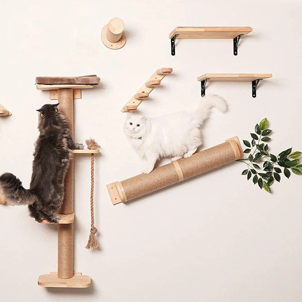 

Cat Tree Wall Mounted Climbing Shelves Wooden Hammock with Ladder and Cat Bridge for Cat Perch Sleeping Pet Indoor Playground