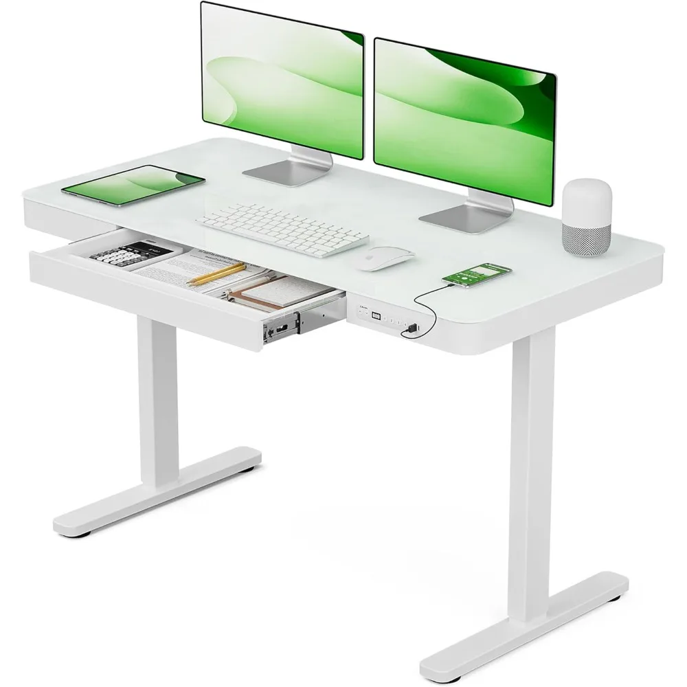 with Drawers,Adjustable Height Stand Up Desk,48X24 Inches Sit Stand Desk White Glass top with USB Port…