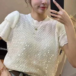 2024 New Women's Summer Solid Color Crew Neck Heavy Industry Sequins Fashion Vintage Loose Petal Sleeve Versatile Sweaters Tops