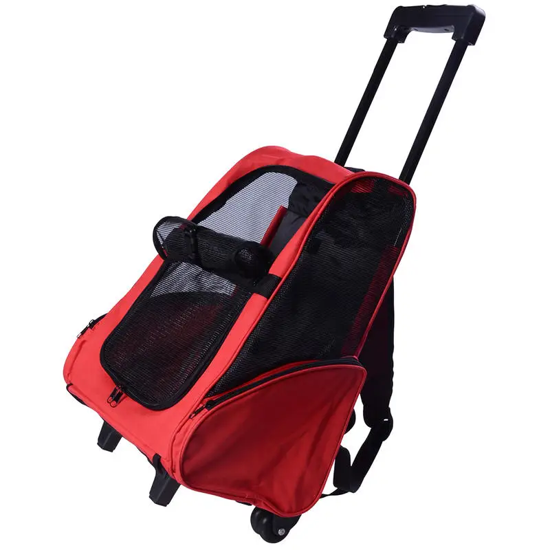 Boîte de transport/chariot/sac à dos 2-en-1 pour chiens et chats avec poignée télescopique, poches de rangement, ventilation, laisse de sécurité, 42 x 25 x 55 cm, rouge