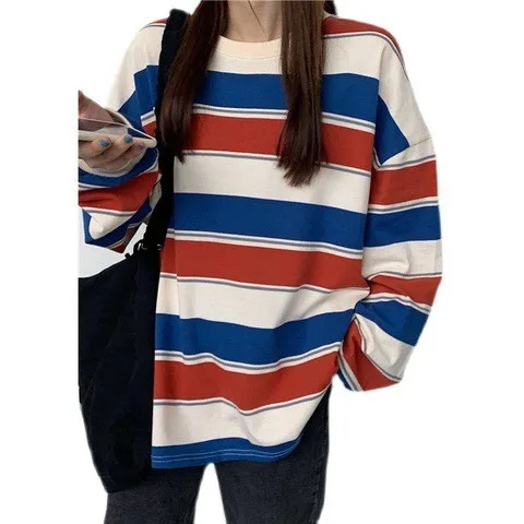 Women's Oversized Striped Blue Round Neck Printed Mid Length Brushed Fabric T-shirt Women Blouse Loose Fit Cotton-like Tee
