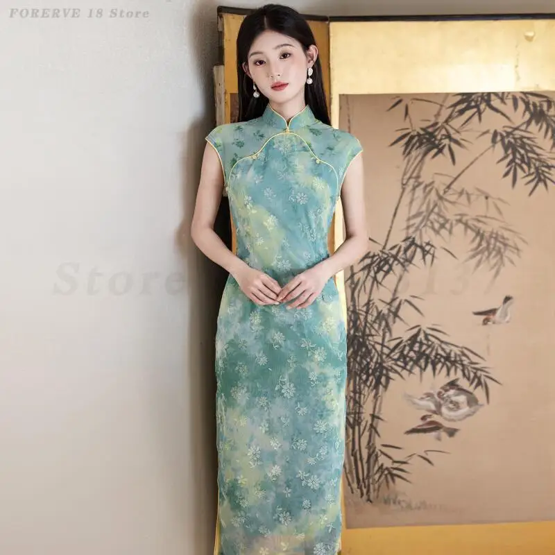 

Летнее платье Cheongsam без рукавов, новое платье в китайском стиле с принтом в стиле ретро, элегантное традиционное восточное платье Ципао для банкета, вечернее платье