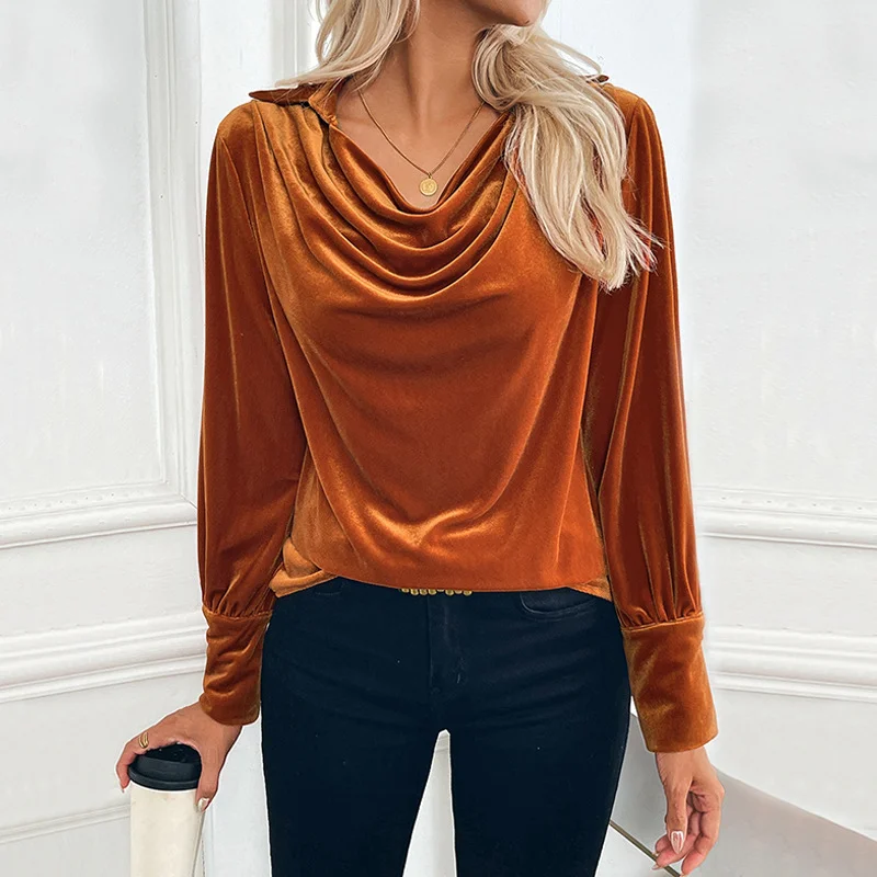 

Новая женская одежда: универсальная элегантная рубашка из вельвета с воротником-стойкой в стиле ретро, однотонная, простой стиль, пуловер, топ для повседневной носки