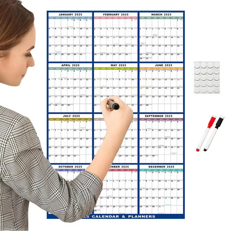 2025 Calendar Planner Dry Erase Sheet Wall Calendar Erasable Foldable Schedules Yearly Planner Double-sided Board With 2 markers