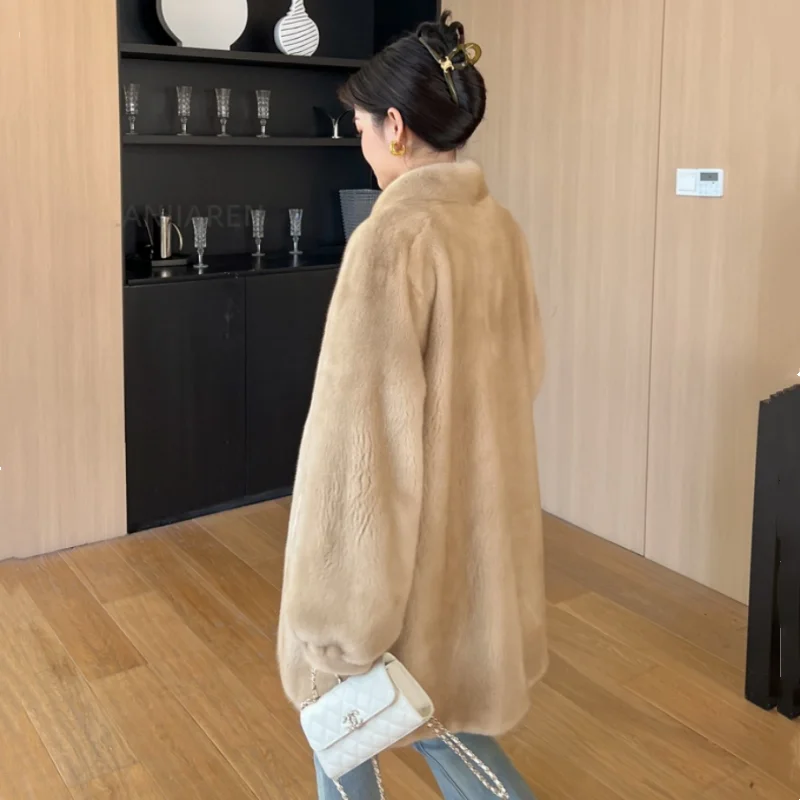 New Fashion Real Mink Fur Women Winter Coat Stand Collar Natural Mink Whole Fur Long  Plus Size  Female Mink Fur Jacket