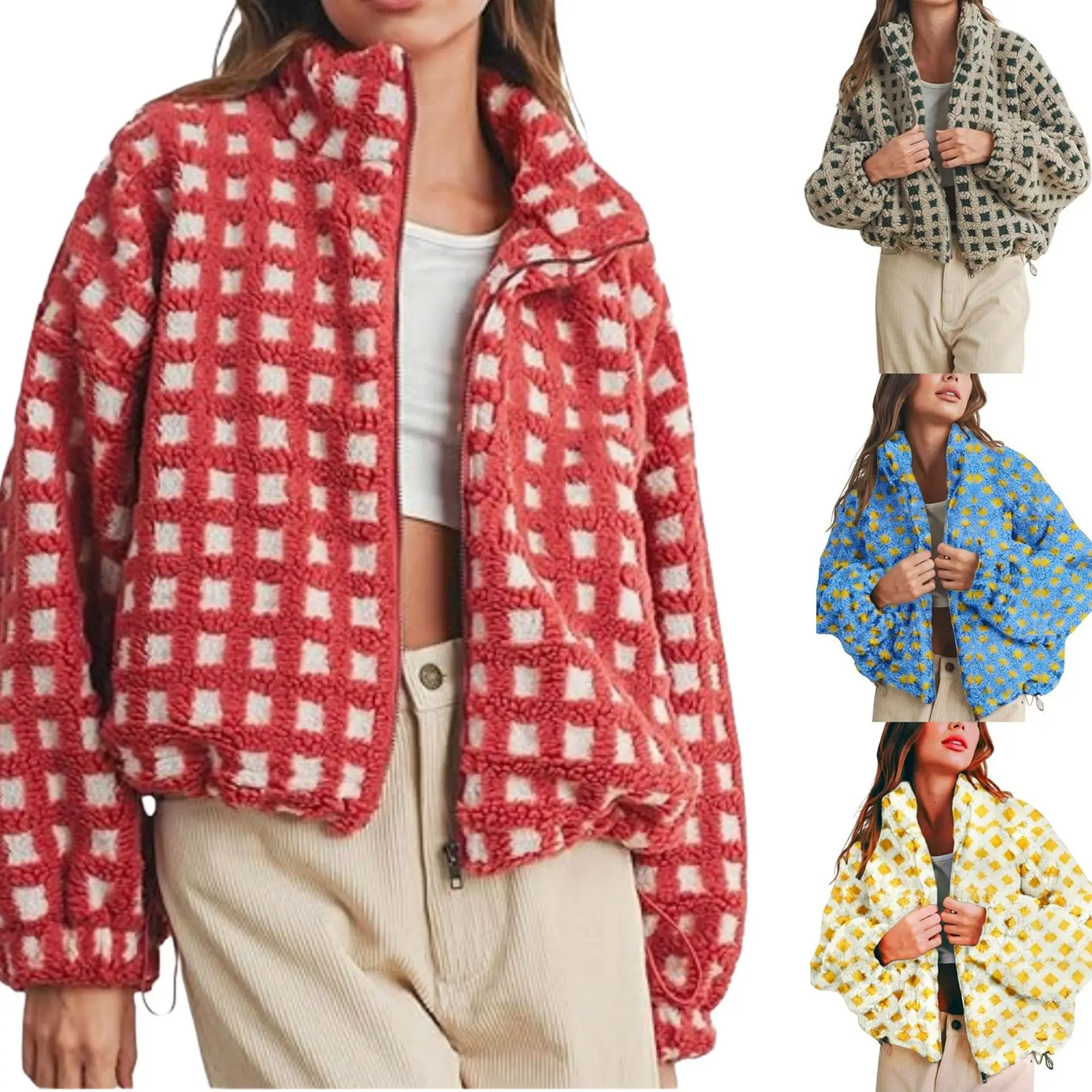 

European And American Foreign Trade 2025 New Women's Anti-Wind Lamb Wool Plaid Fashion Casual Loose Coat