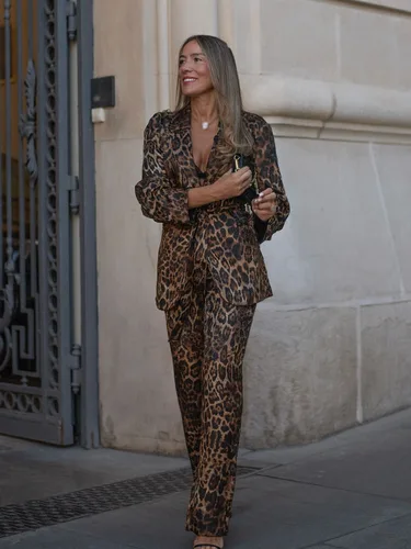 Imagen 2 del producto HH, moda de otoño para mujer, estampado de leopardo, cuello vuelto, bolsillos, diseño de cinturón, Blazers + Pantalones largos con cremallera de cintura alta, conjunto de 2 piezas