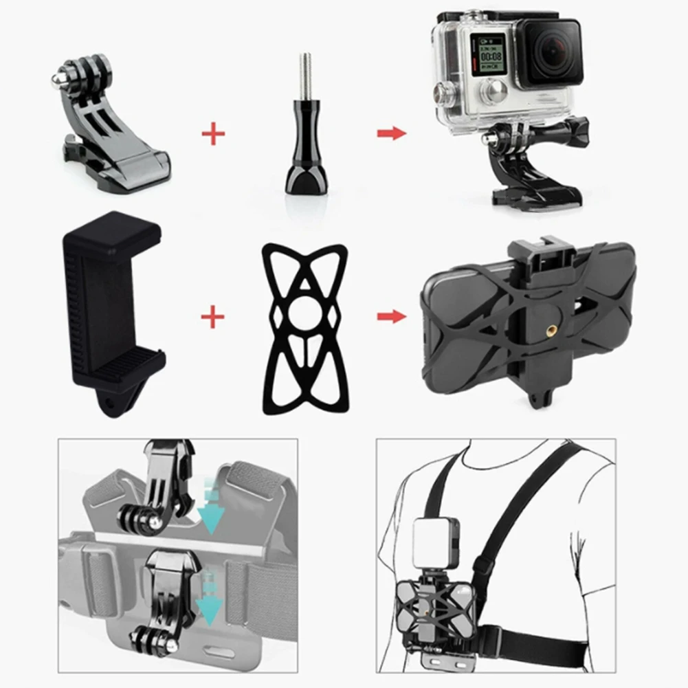 Suporte ajustável universal do grampo do telefone, cinto de peito Mount, apto para Gopro Hero 10, 9, 8, 7, 4K