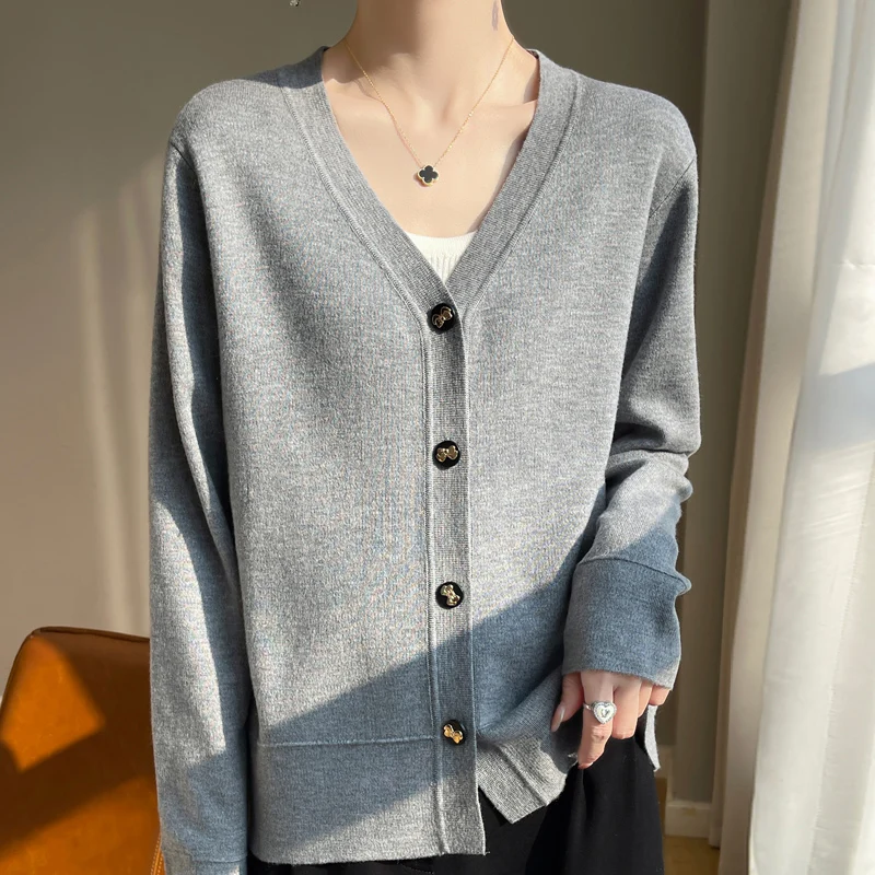 Spring New 100% Wool V-neck Sweater Cardigan Women Fashion Autumn Streetwear Casual Loose Long Sleeve Top Knit Female Cardigan