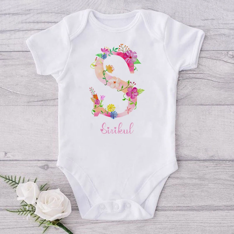 Personalized Baby Name Bodysuit Custom Floral Initial Letter for Girls Toddler Jumpsuit Pink Playsuit Newborn Infant Shower Gift