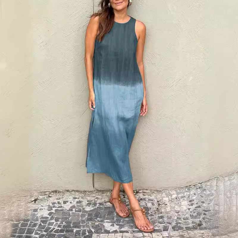 Abito estivo da spiaggia sfumato Abito da donna casual con scollo a O Patchwork Abito lungo da donna Elegante abito longuette senza maniche Boho Robe