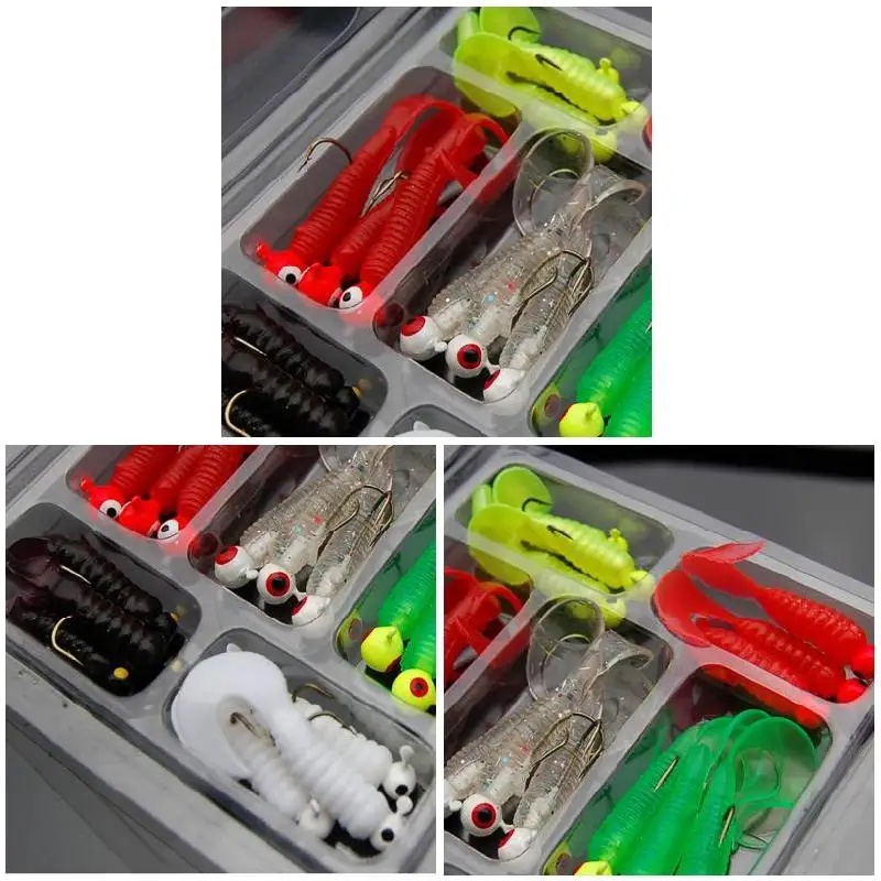 

21Pcs/Set Mini Soft Fishing Lure Lead Jig Head Hook Grub Worm Silicone Fish Baits for Ocean Carp Fishing Hook Tackle Box