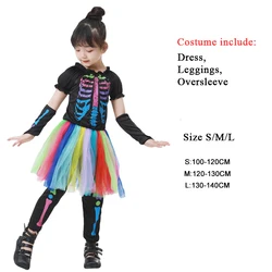 Kids Girls Rainbow Skeleton Rock Puffy Dress Halloween Funky Skull Bone Costume Fancy-Dress Carnival Theme Party Cosplay