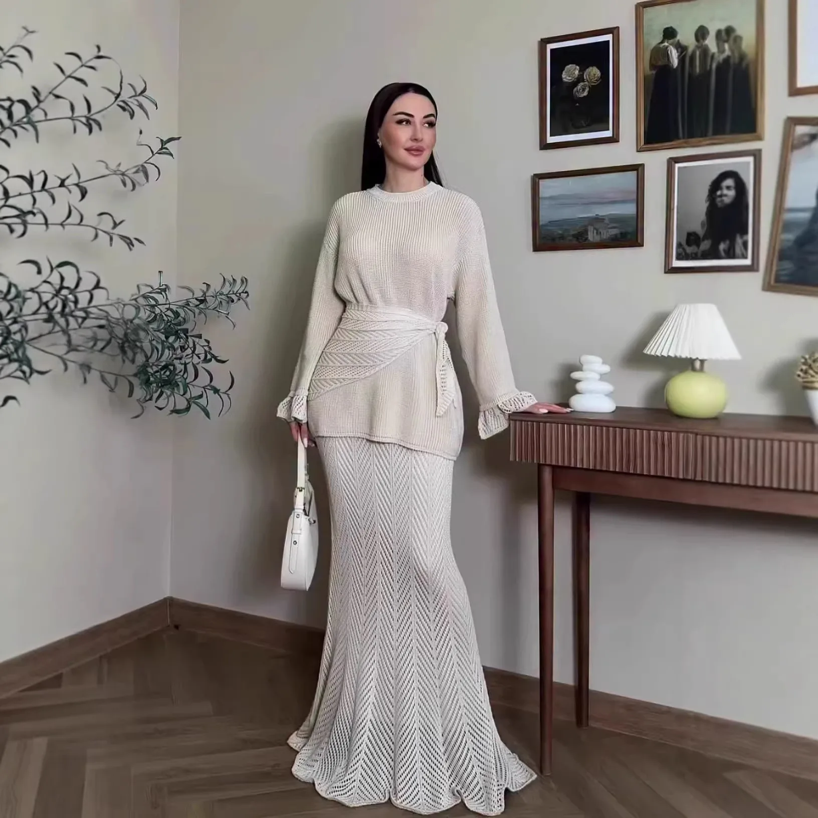 

2026 Spring New Style Mature And Elegant Long-sleeved Long Dress Set Long Dress Robe Abaya Ramadan Dubai Luxury Islam Elegant