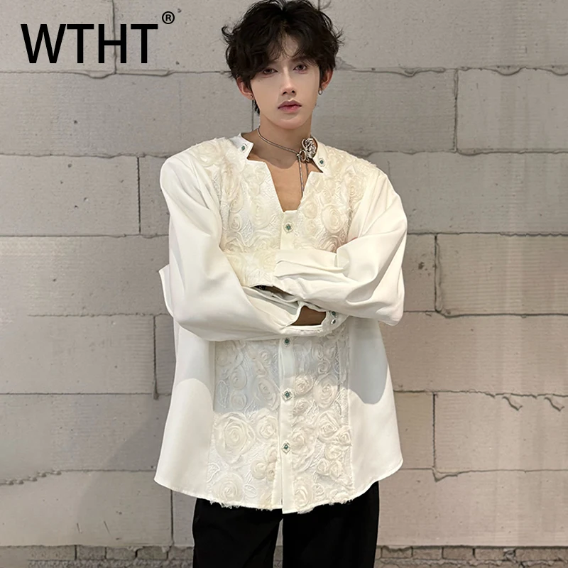 

WTHT модные летние мужские рубашки WTHT 2025 года, повседневные рубашки с цветочным дизайном, модные однотонные свободные топы с воротником-стойкой, мужские 2A1049