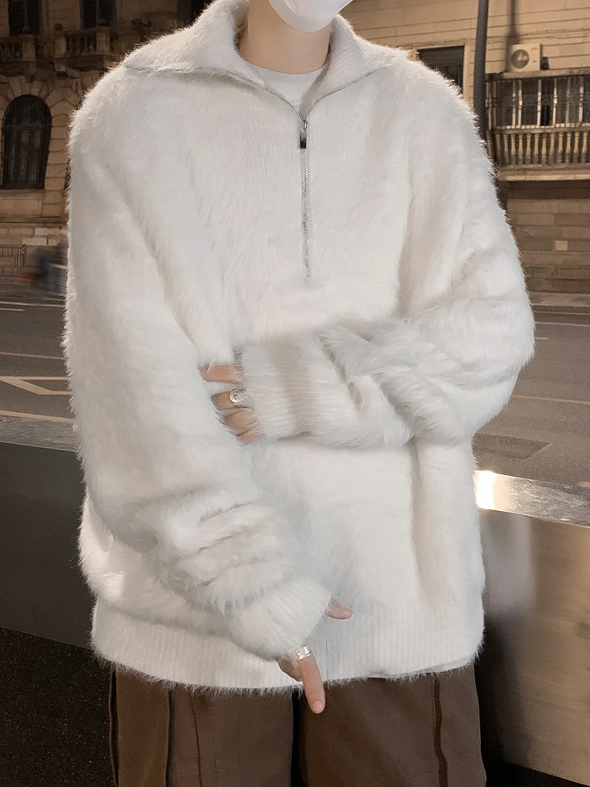 

Thiened High Collar Zipper Men's Knitted Sweater Autumn Winter Casual Sle Faion Brand American Retro Cool Mink Velvet