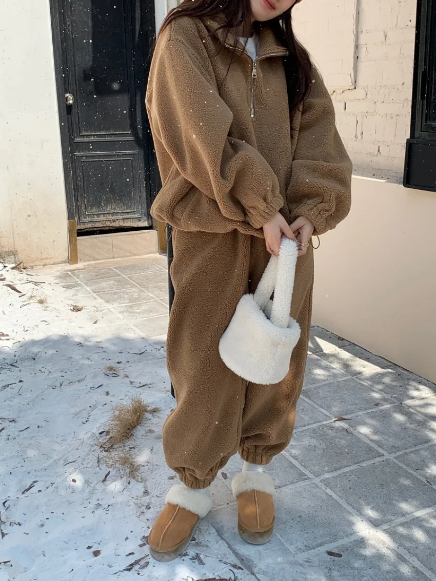 

Alien Kitty Fashion Lamb Wool Suits Casual Women Winter Sweatshirts Chic 2025 Loose Pants Daily High Street Warm Soft Suits