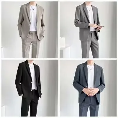 Korean Style Slim Fit Men's Suits Blazers For Wedding Business Casual Pants Cropped Trousers Casual Suits