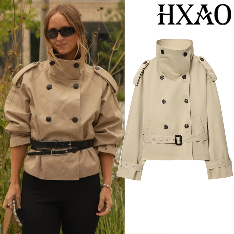 

HXAO женский плащ с поясом, демисезонные новости и куртки, двубортная укороченная ветровка, пальто, женские плащи с длинными рукавами