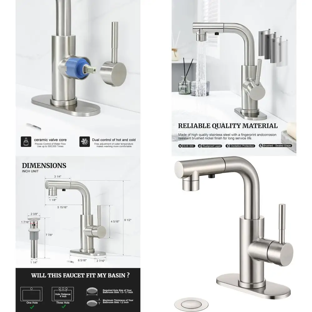 

Modern Single Handle Bathroom Faucet with Pull-Out Sprayer, 15.5 Hose, 360° Swivel, Pop-Up Drain, Brushed Nickel, Stainless Stee