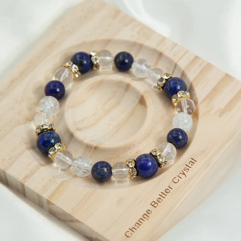 Large Bead Lapis Lazuli Clear Quartz Bracelet Natural Crack Crystal Mixed Stone Stretch Bracelet Unisex Jewelry