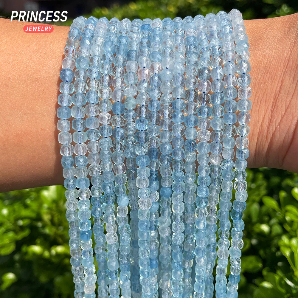 

A++ Natural Aquamarine Faceted Cube Beads 2mm/4mm Loose Gemstone Beads for Jewelry Making Wholesale Beads DIY Accessories