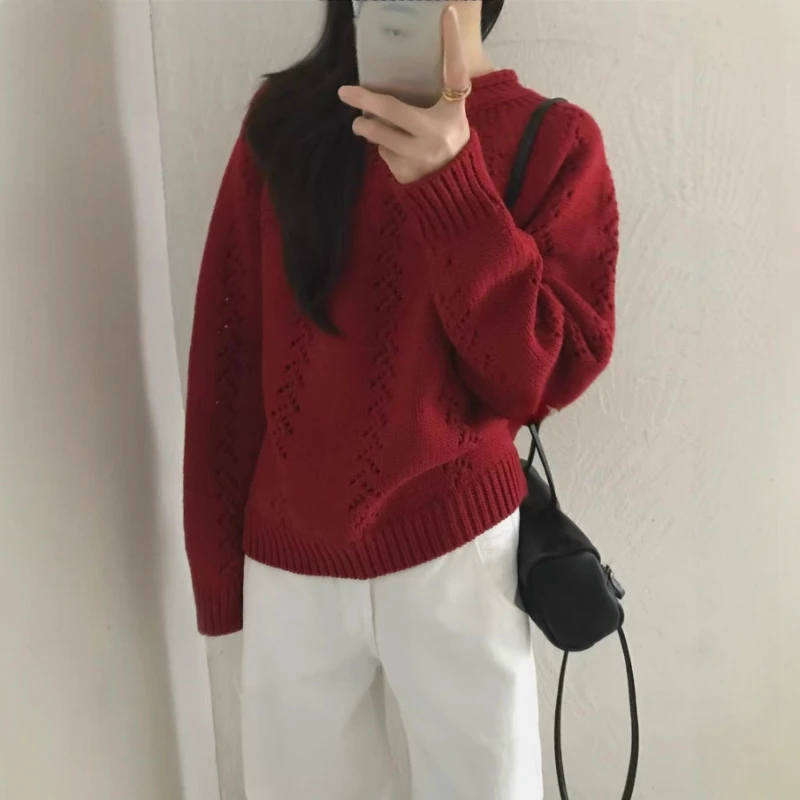 

Женские открытые свитера, ленивый стиль, осень-зима, свободный вязаный пуловер с круглым вырезом, однотонный женский повседневный трикотаж