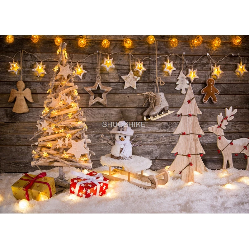 Shuozhike-クリスマスの木の板のテーマ写真の背景、雪だるまの背景、写真スタジオの小道具、MMSD-03