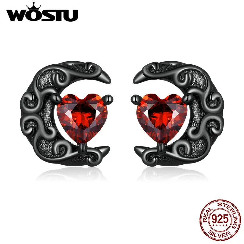 WOSTU 925 Sterling Silver Punk Black Gold Heart Red CZ Stud Earrings For Women Moon Ear Studs Halloween Collection Jewelry Gift