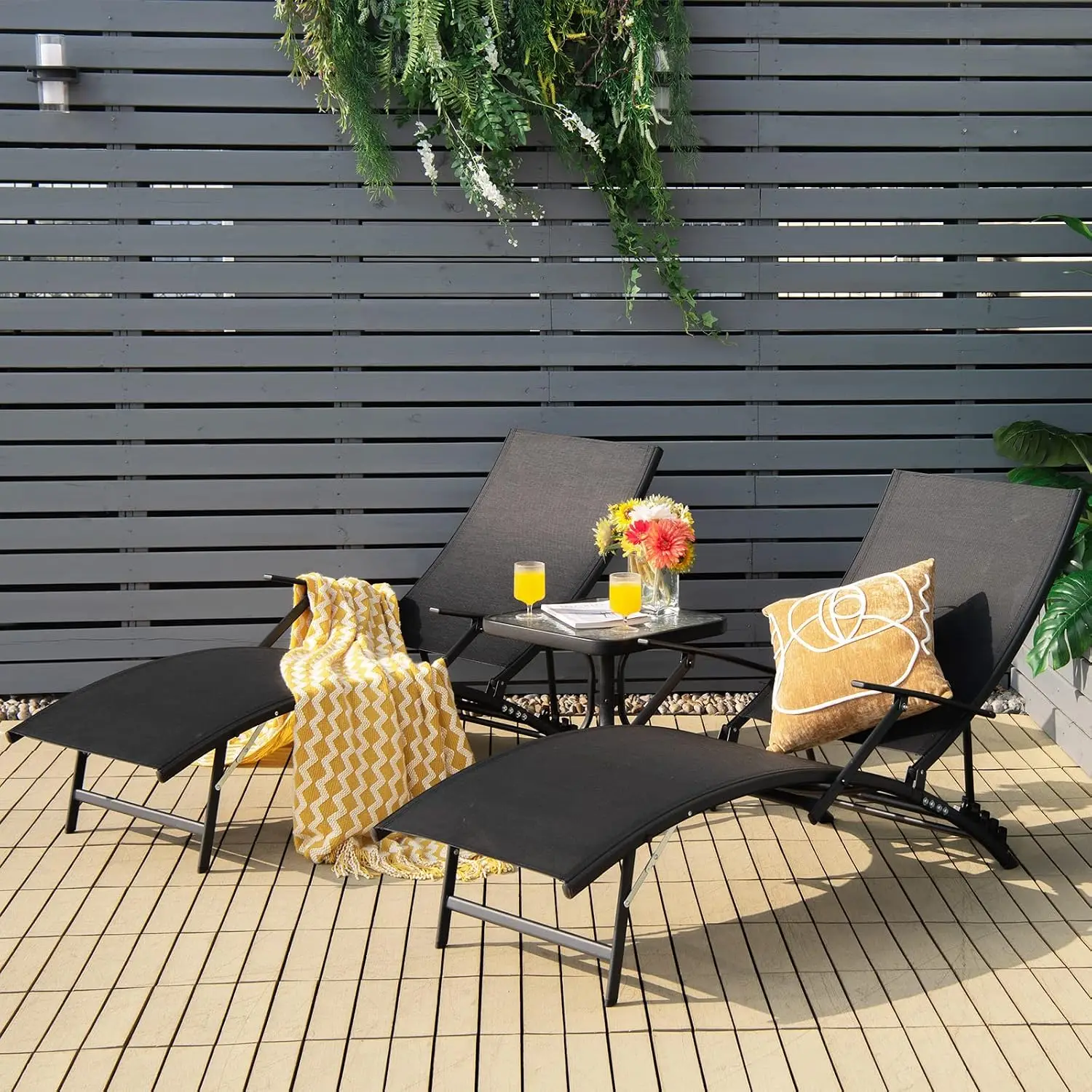 Adjustable Patio Chaise Lounge, Foldable Stackable Poolside Lounger with Armrests, Fast-Drying Fabric,  Black, Customized