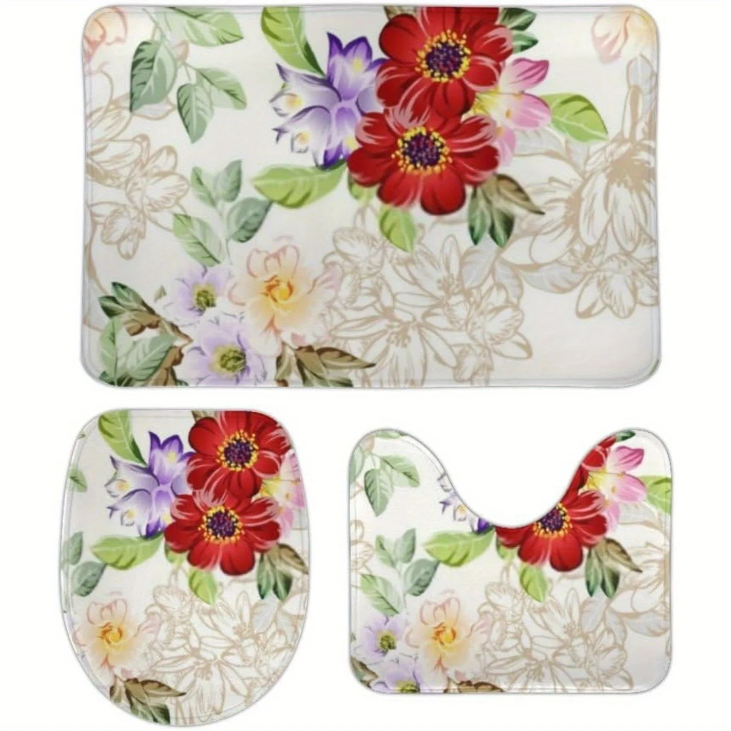 

RV-3pcs Bathroom Rug Sets Bath Mat Toilet Seat Cover Abstract Elegance Floral Background Extra Soft Absorbent Non Slip Machine W
