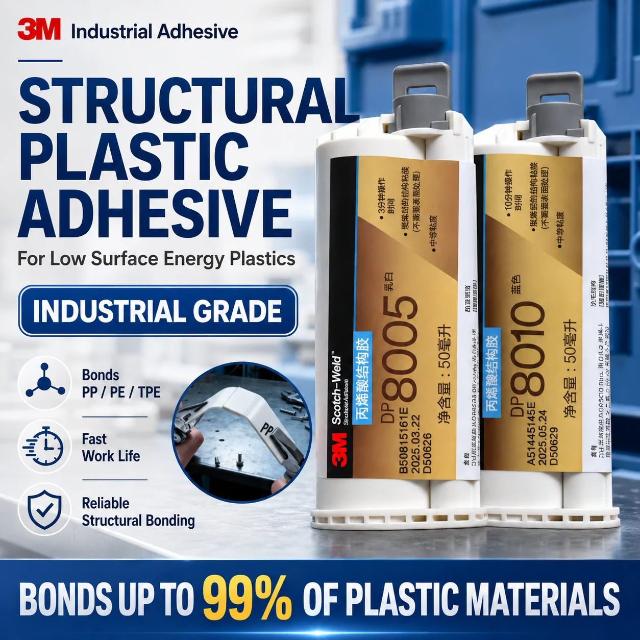 Original 3M Scotch-Weld DP8005 Strukturklebstoff 10:1 Acrylkleber für PP PE LSE Kunststoff-Metall-Verbindung
