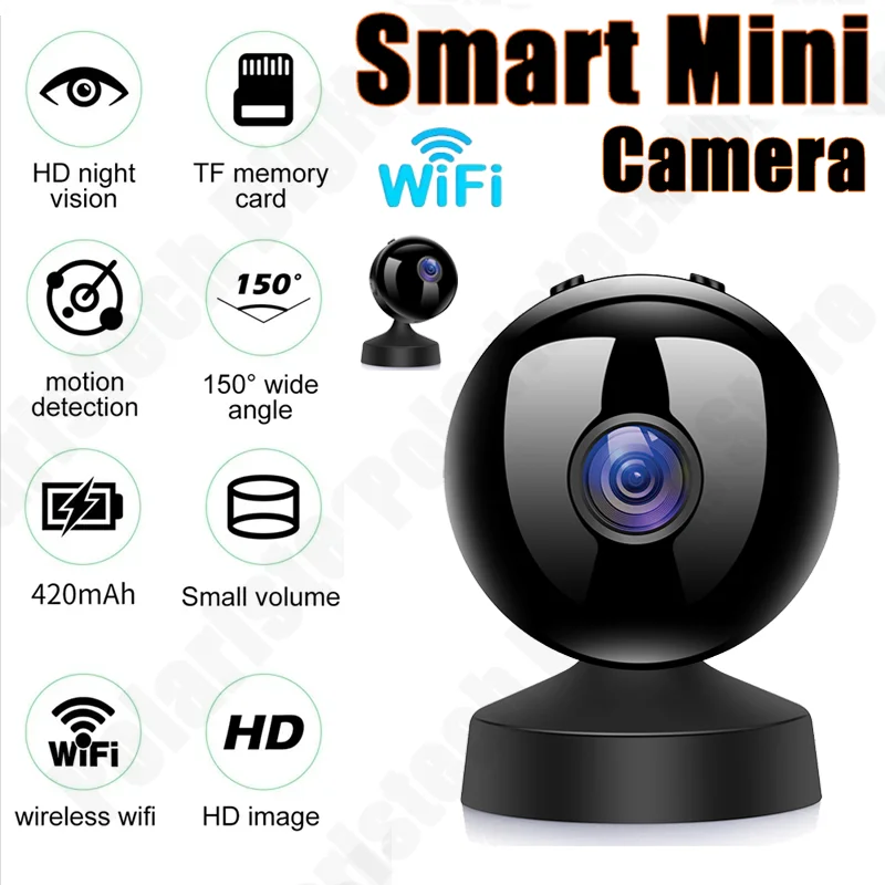 

Мини-камера безопасности Wi-Fi, ИК-камера ночного видения, сигнализация обнаружения движения, веб-камера 150 ° Широкоугольный двусторонний аудио удаленный монитор для умного дома