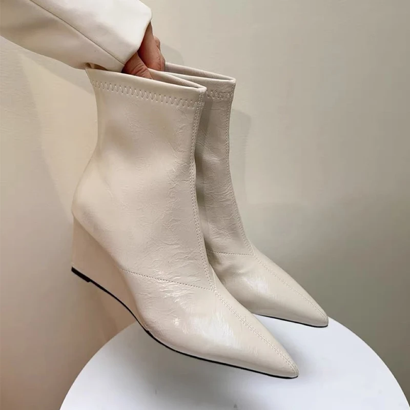 النساء أشار تو حذاء من الجلد أسافين أحذية فاخرة عالية الكعب أحذية شتاء 2025 الاتجاه تشيلسي الأحذية فستان مضخات الحفلات Mujer بوتاس #3