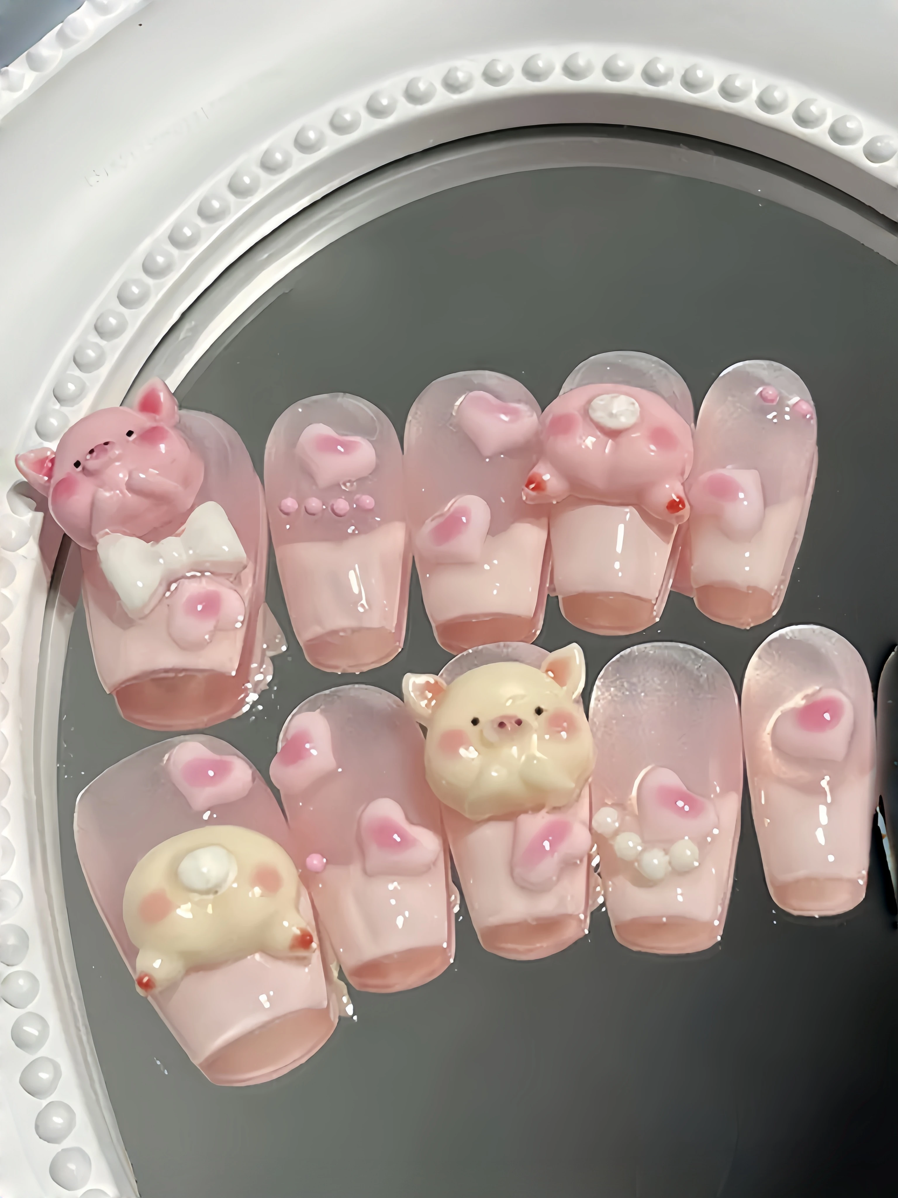 Nail Art Pink - Pembe Tonlarında, 3D Domuzcuk İnci Süslemeli,