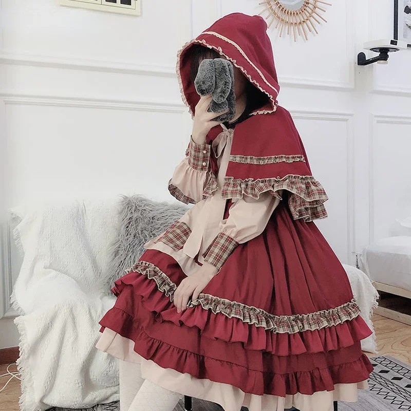 MAGOGO Christmas Lolita Vintage Dress Women Autumn Spring Costume Red Cloak Soft Sisters Op Long Sleeve Festival Dress INS Hot