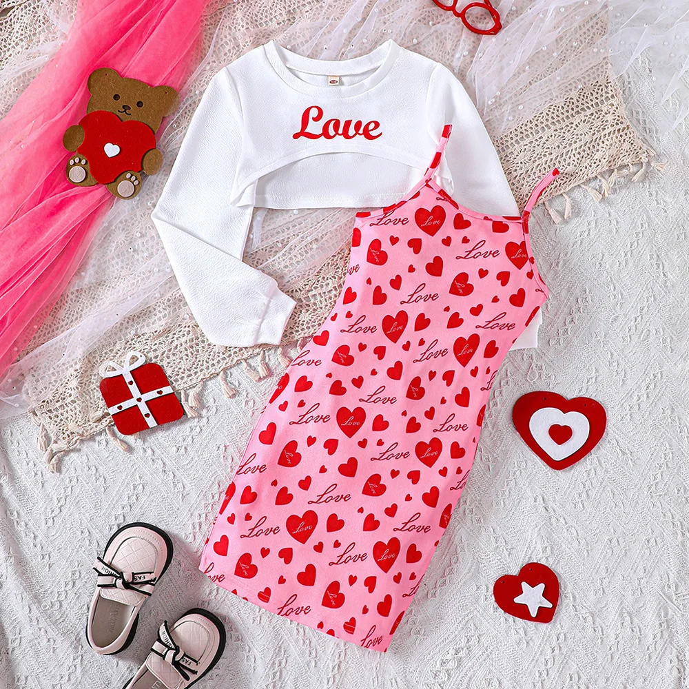 

2024 New Clothing Set Girls Long Sleeve O Neck Letter T-shirt Print Heart Pink Dress 2 Pcs Sets Casual Girls Clothes Sets 18M-7T