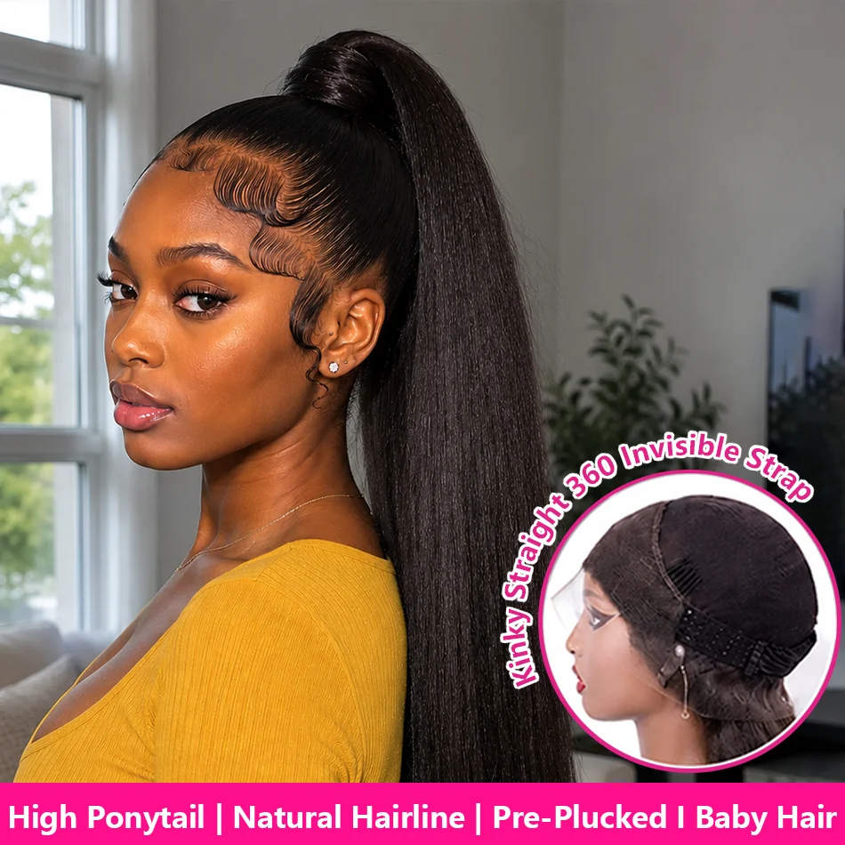

250 Density Hidden Strap Drawstring Wig 360 Lace Front Wigs Human Hair Kinky Straight Human Hair Wigs Pre Plucked Pre Cut Frontal 360 Full Lace Human Hair Wigs for Women Natural Color 30 32 34 Inch Hair