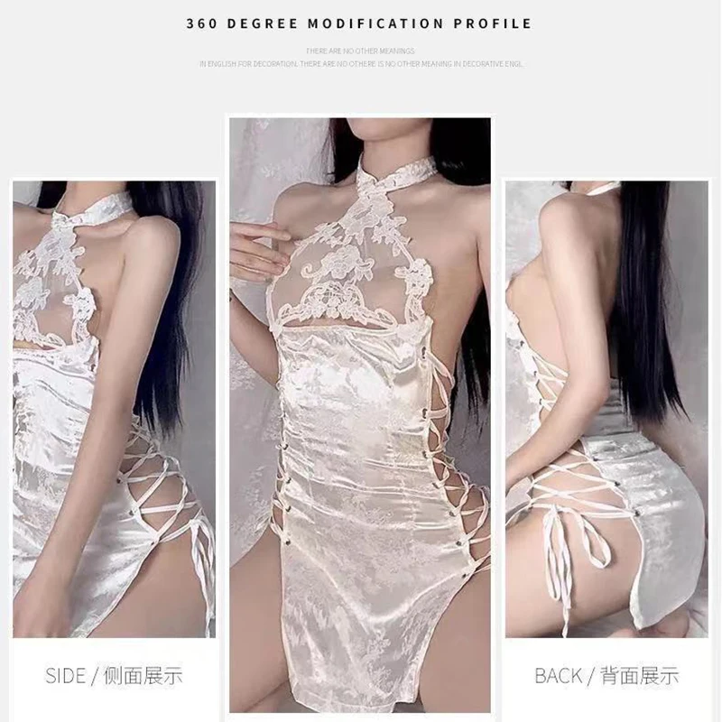 Sexy night pajamas sexy underwear cheongsam temptation passion hollow binding high slit free lucency uniform set