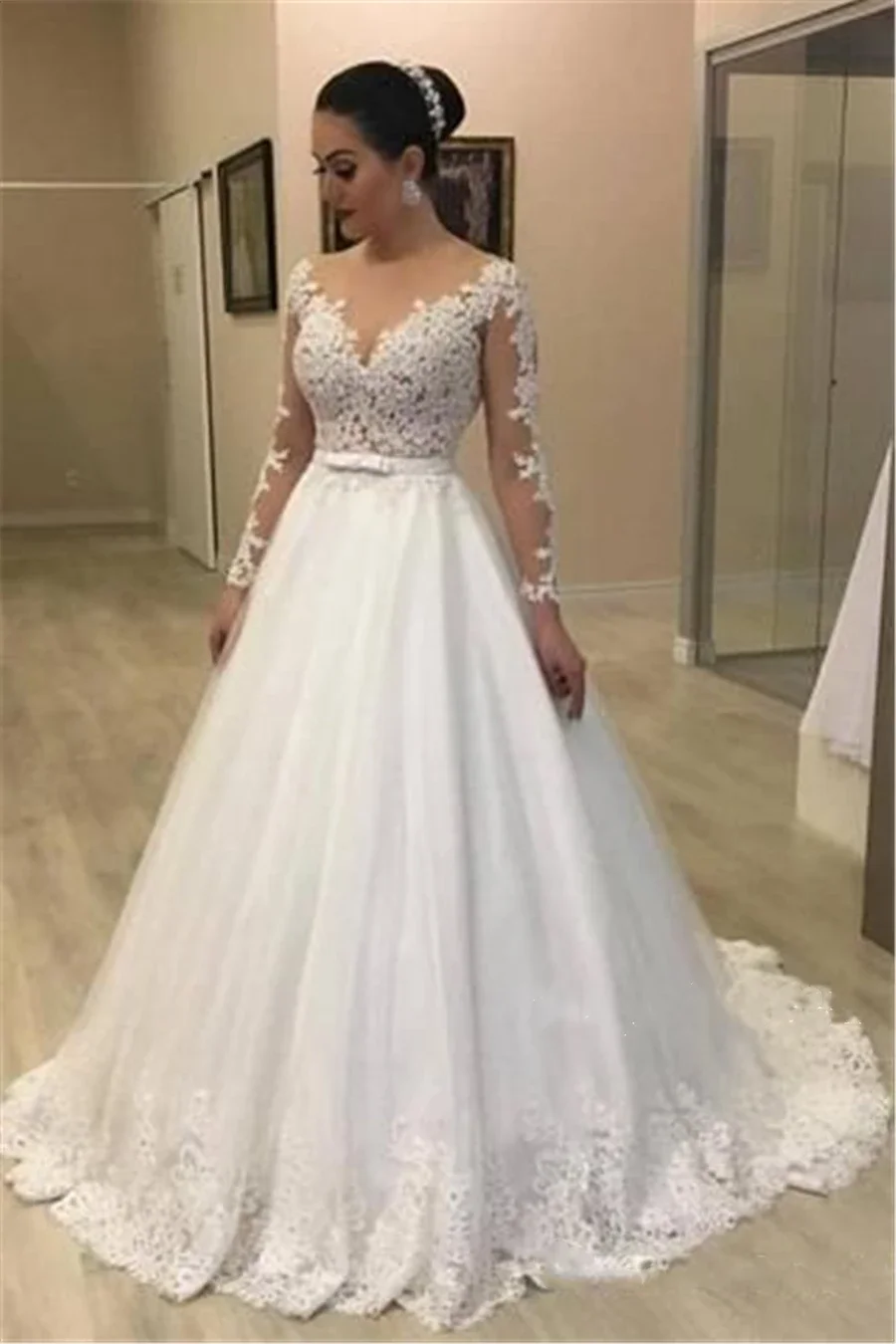 Robe de Mariée Blanche Élégante avec Col en V, Manches sulf, Sirène avec Traîne Amovible, Longueur au Sol, pour Patients, Éducative