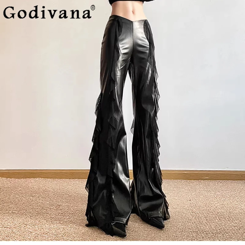 

Spring Summer Thin American High Street Cool Girl Lace Splicing PU Leather High Waist Flared Pants Women Fashion Black Trousers