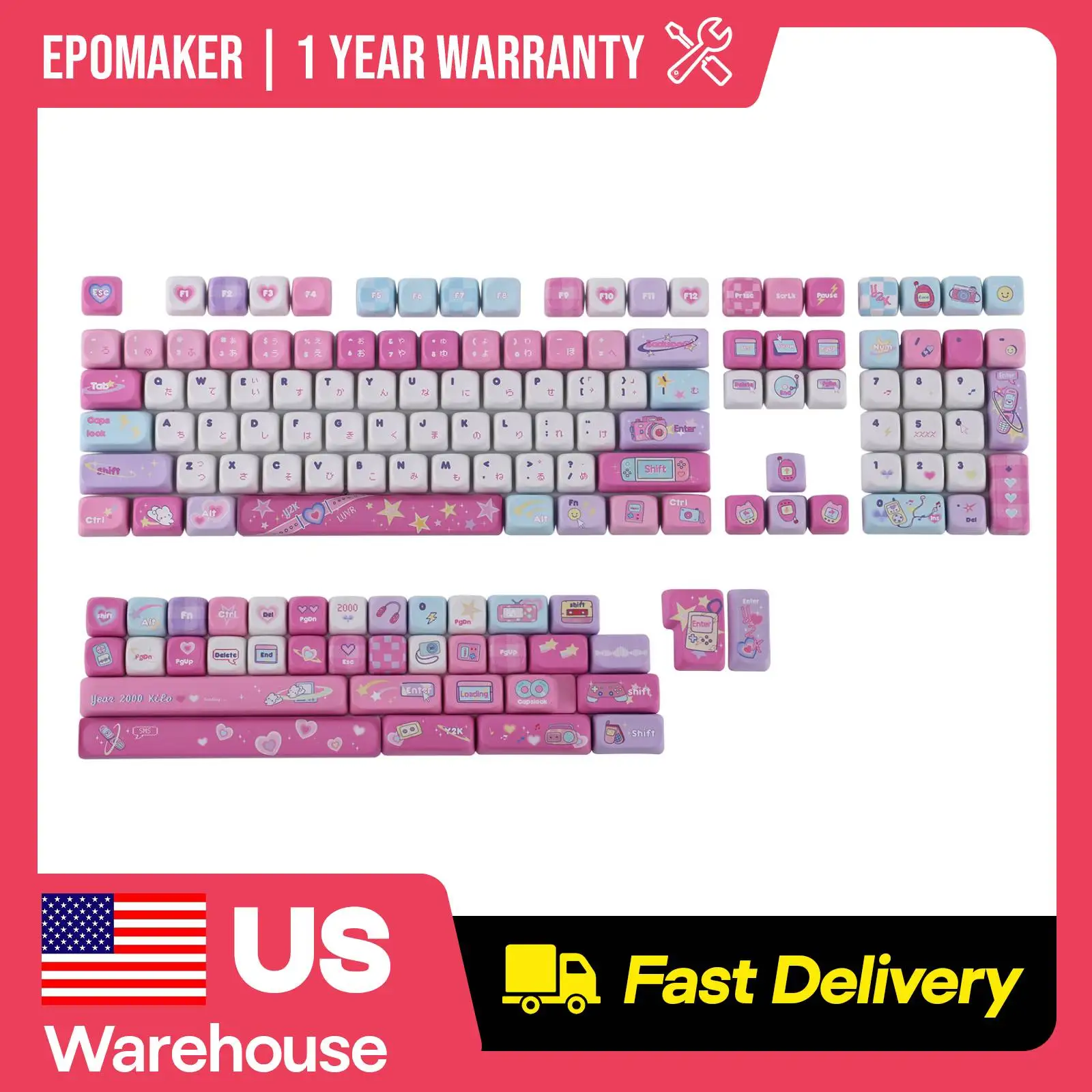 KiiBOOM X Elyxirine Digital Dreams: Pastel Y2K Keycap Set 144 MOA Profile Keycaps 5-Side Dye-Sublimation PBT for ANSI/ISO Layout