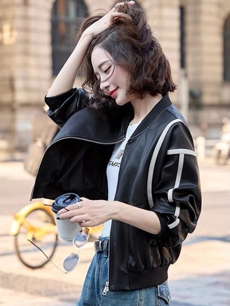 2025 Giacca bomber in pelle a blocchi di colore a contrasto oversize da donna Moda giovanile stile streetwear Capispalla primavera autunno