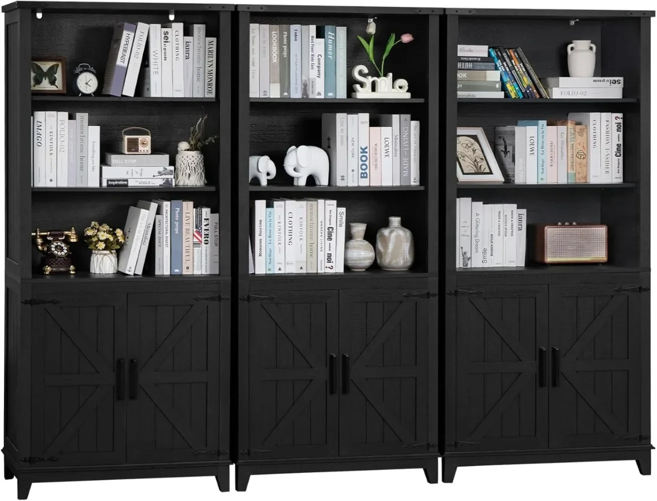 70in Tall Bookshelf 5 Tier Bookcase with Barn Doors and Adjustable Shelves, Black Farmhouse Book Shelf with Storage Cabinet