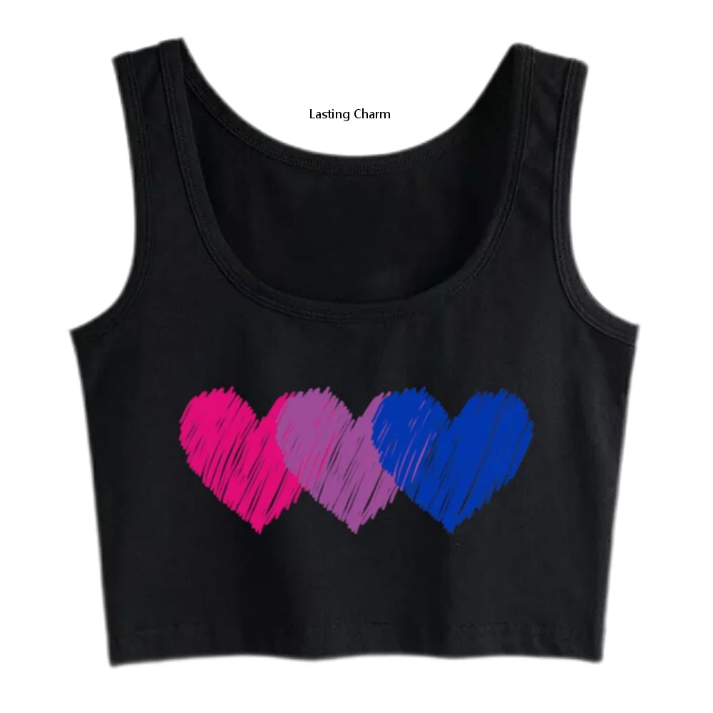 Bisexual Flag Hearts Design Breathable Slim Fit Crop Top Women's Pride Month Essentials Sexy Tank Top Summer Camisole