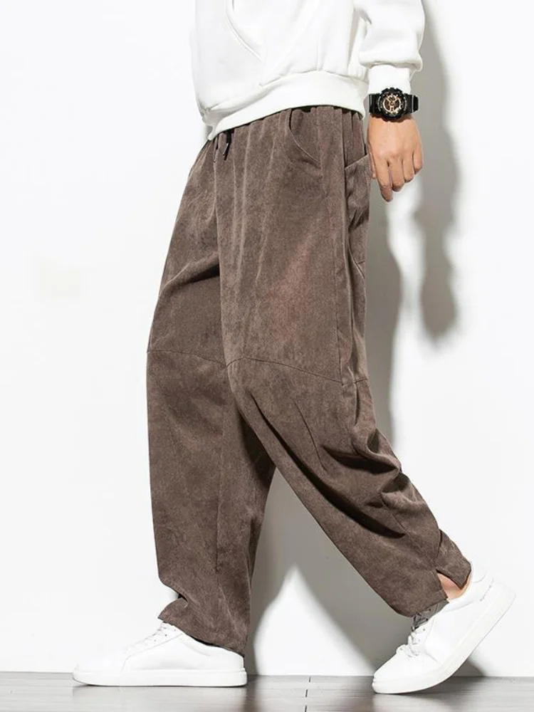 

Vintage Corduroy Casual Pants Men Baggy Wide Leg Tech Fleece Sweatpants Autumn Winter Ankle-Length Walking Harem Trousers Male