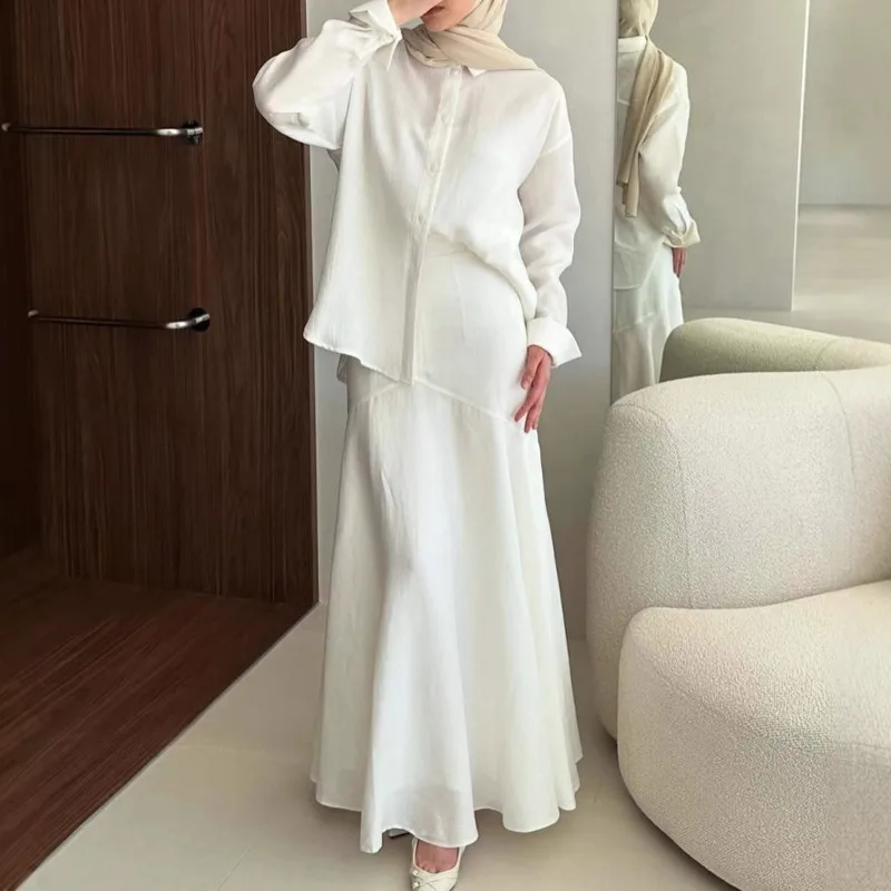 BJTZ Fashionable Loose Long Sleeved Shirt Slim Fit Skirt Two-piece Set For Women 2025 Spring Summer New Casual Solid Color Sets image 2
