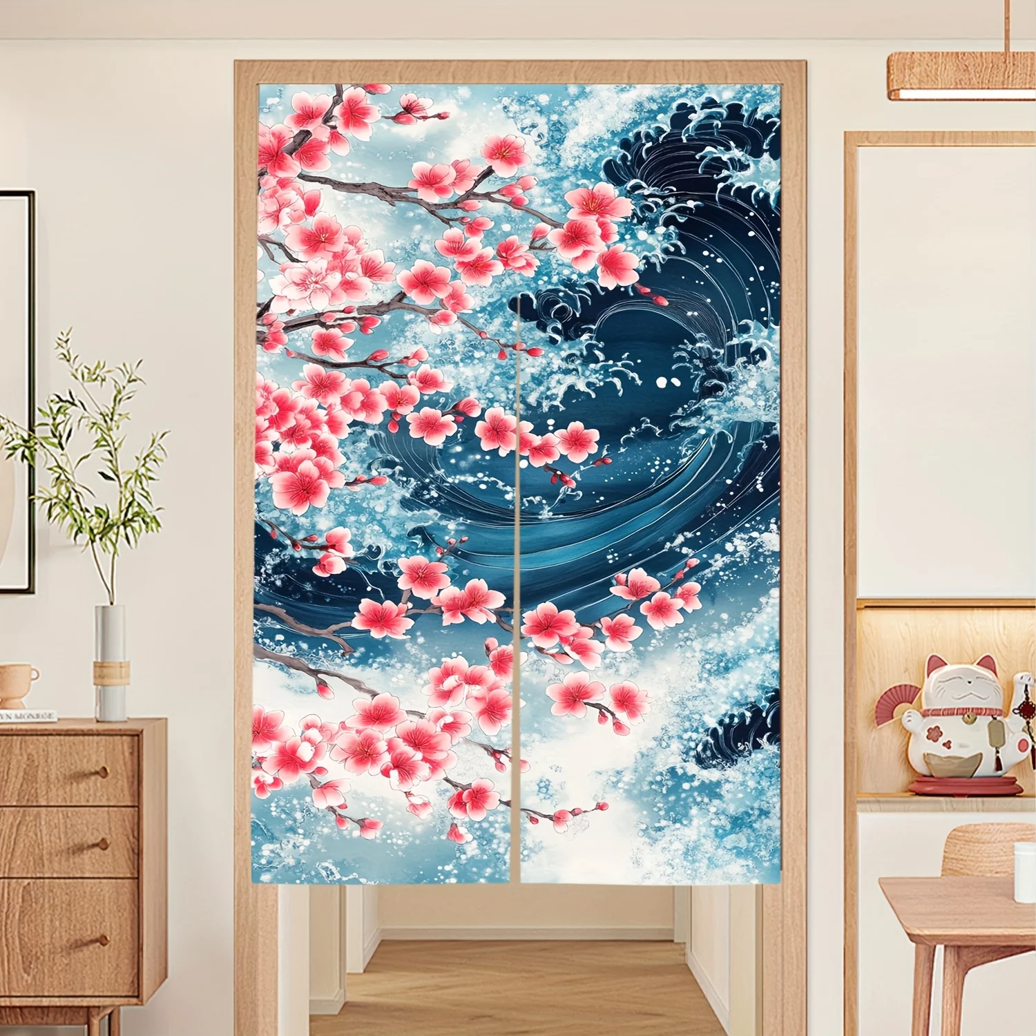 1 قطعة ستارة المدخل ساكورا بريز نورين ، تصميم أزهار الكرز عاصف السماء ، نمط آرت ديكو ، نسج الساتين من الكتان الصناعي #3