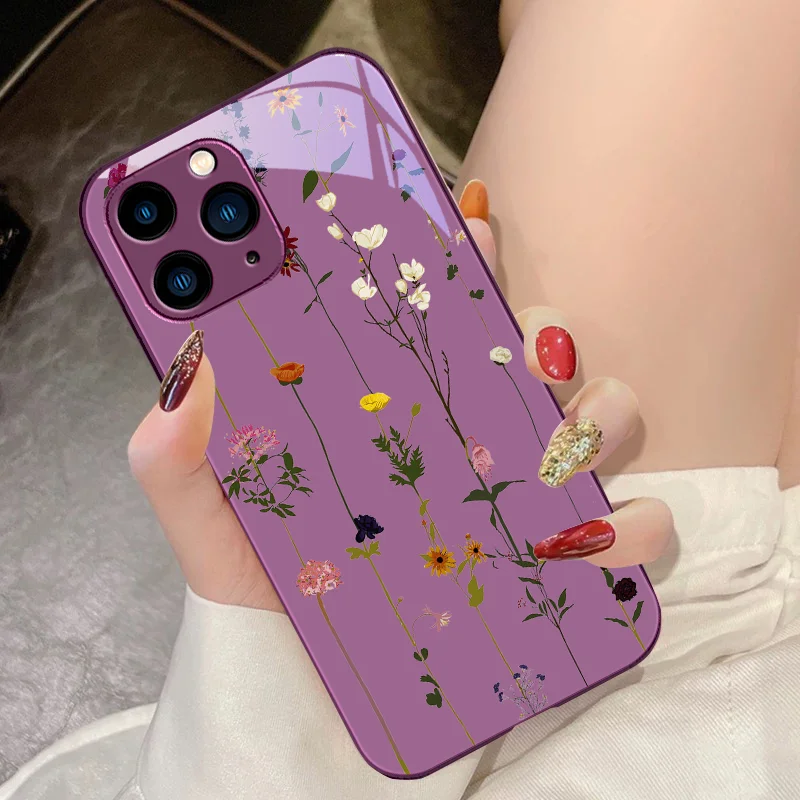 Green Tempered Glass Phone Case For IPhone 15 Pro 14 13 12 Mini 11 XS Max XR 7 8 Plu SE 2020 2022 Spring Light Vine Small Flower